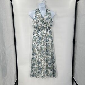 London Times Maxi Dress Size 8 Floral Sleeveless Halter White‎ Blue Garden Party